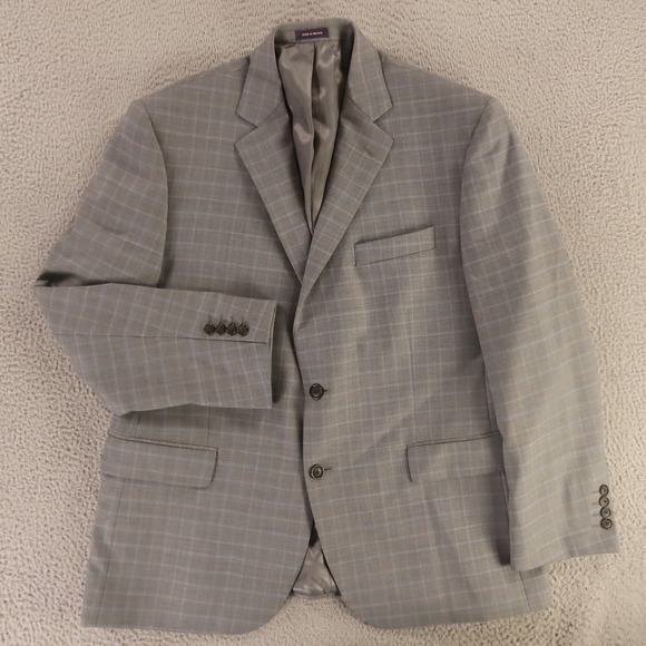 Prince of Wales Check Jacket L Gray Blue Glen Plaid Polyester Wool Blazer 44S‎